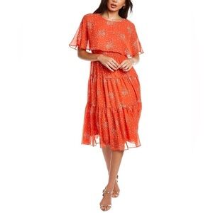 MAISON TARA Julian Taylor Printed Chiffon Smocked Waist Midi Dress In Orange 16W